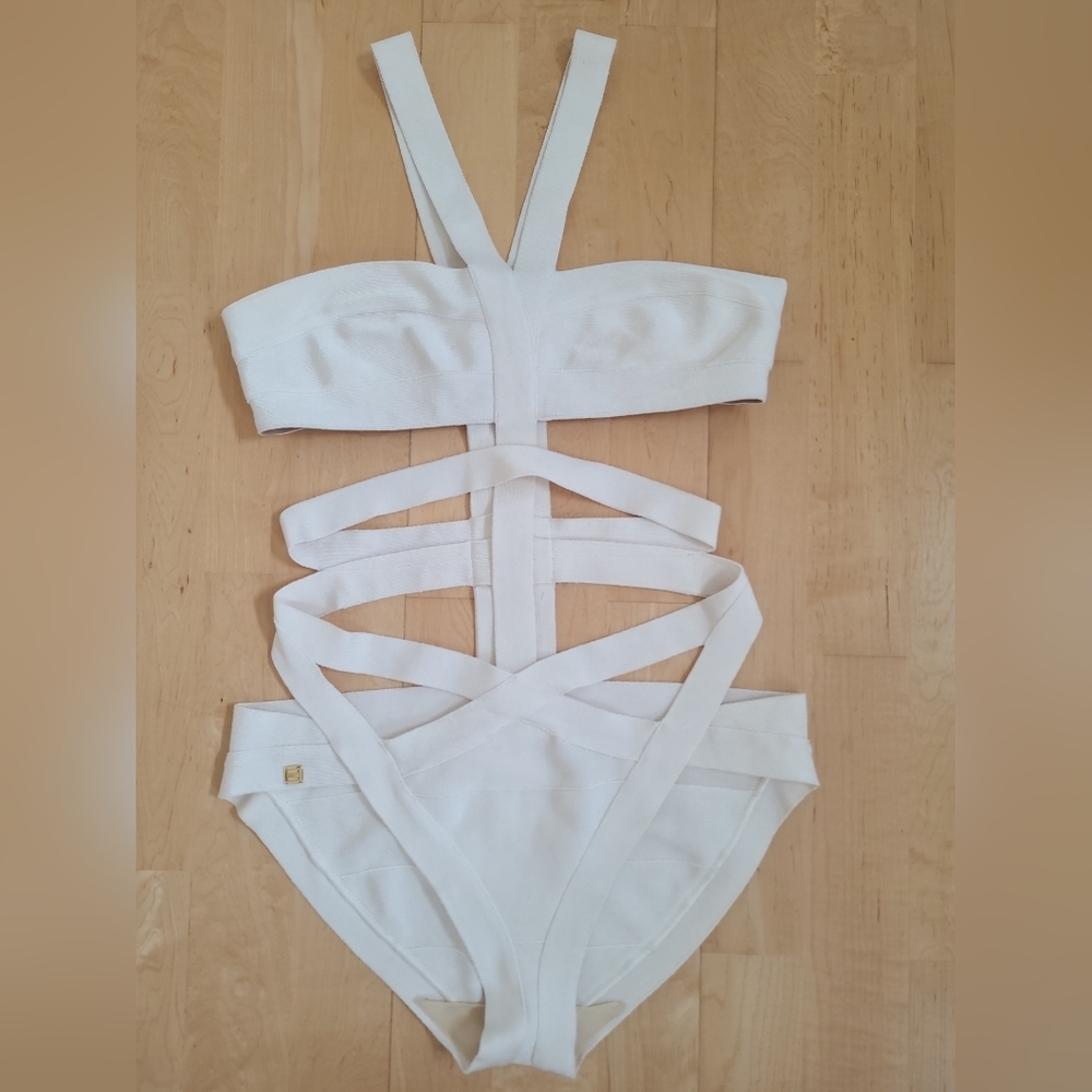 Herve Leger White Bandage Cutout Swimsuit Small